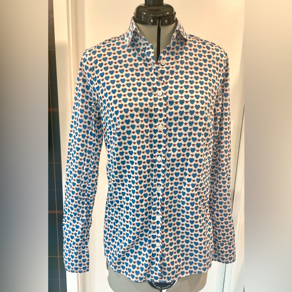 J. Crew Blue and White Heart Pattern Shirt - Picture 2 of 9